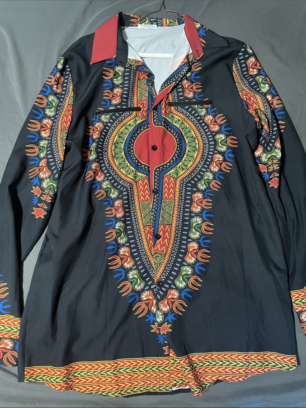 Men's Black Dashiki-Inspired Casual Button Down Shirt - Red Accent